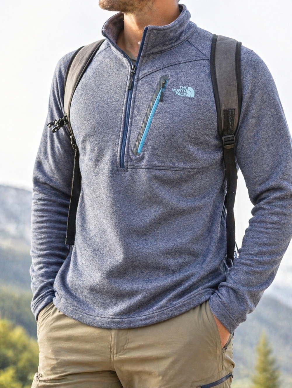 THE NORTH FACE Men's XL Performance ¼ Zip Fleece Pullover Gray Blue Stretch